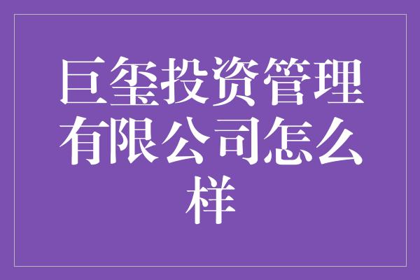 巨玺投资管理有限公司怎么样